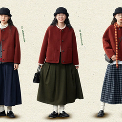 2色　ノーカラーウールのショートコート　ポケット付き【秋冬春】カーキ・レッド 9枚目の画像