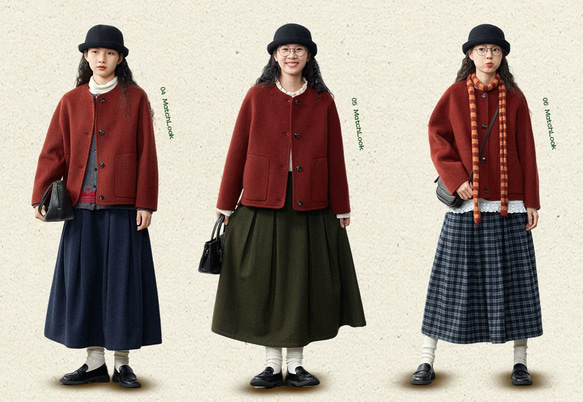 2色　ノーカラーウールのショートコート　ポケット付き【秋冬春】カーキ・レッド 9枚目の画像