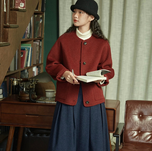 2色　ノーカラーウールのショートコート　ポケット付き【秋冬春】カーキ・レッド 15枚目の画像