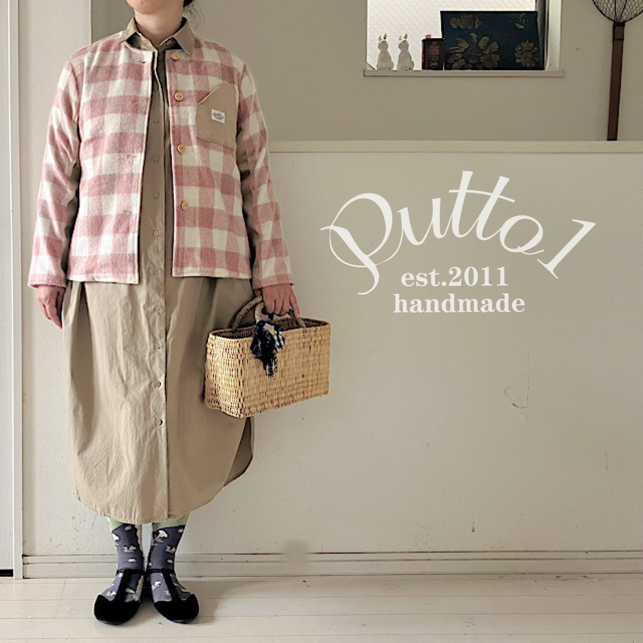 10着限定【受注生産】ピンクのチェックのシャギーウール×ベージュのゴーデュロイ・ノーカラージャケット・裏無し一重仕立て