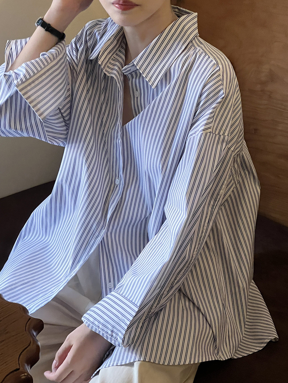 秋レディースレトロストライプのゆったりとしたロングスリーブシャツ【返品・交換可】品質最優先25-362