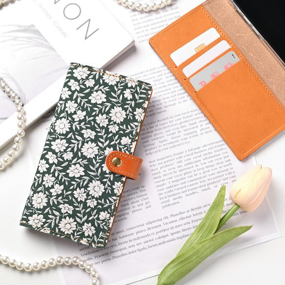 全機種対応 スマホケース 手帳型 【 セレナグリーン 】 花柄 ゴールドパーツ スマホショルダー A346I 1枚目の画像