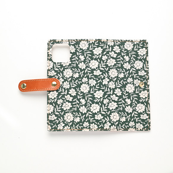 全機種対応 スマホケース 手帳型 【 セレナグリーン 】 花柄 ゴールドパーツ スマホショルダー A346I 12枚目の画像