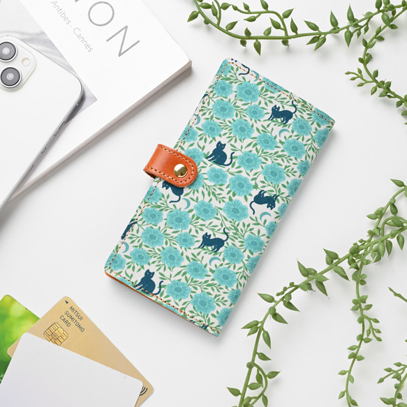 全機種対応 スマホケース 手帳型 【 BACKYARD 】 花柄 ゴールドパーツ スマホショルダー 猫 A347I 1枚目の画像