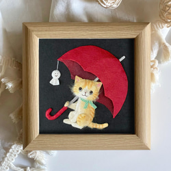 ［原画］和紙ちぎり絵『梅雨空とネコ』赤い傘の三毛猫とてるてる坊主の小さな半立体アート 2枚目の画像