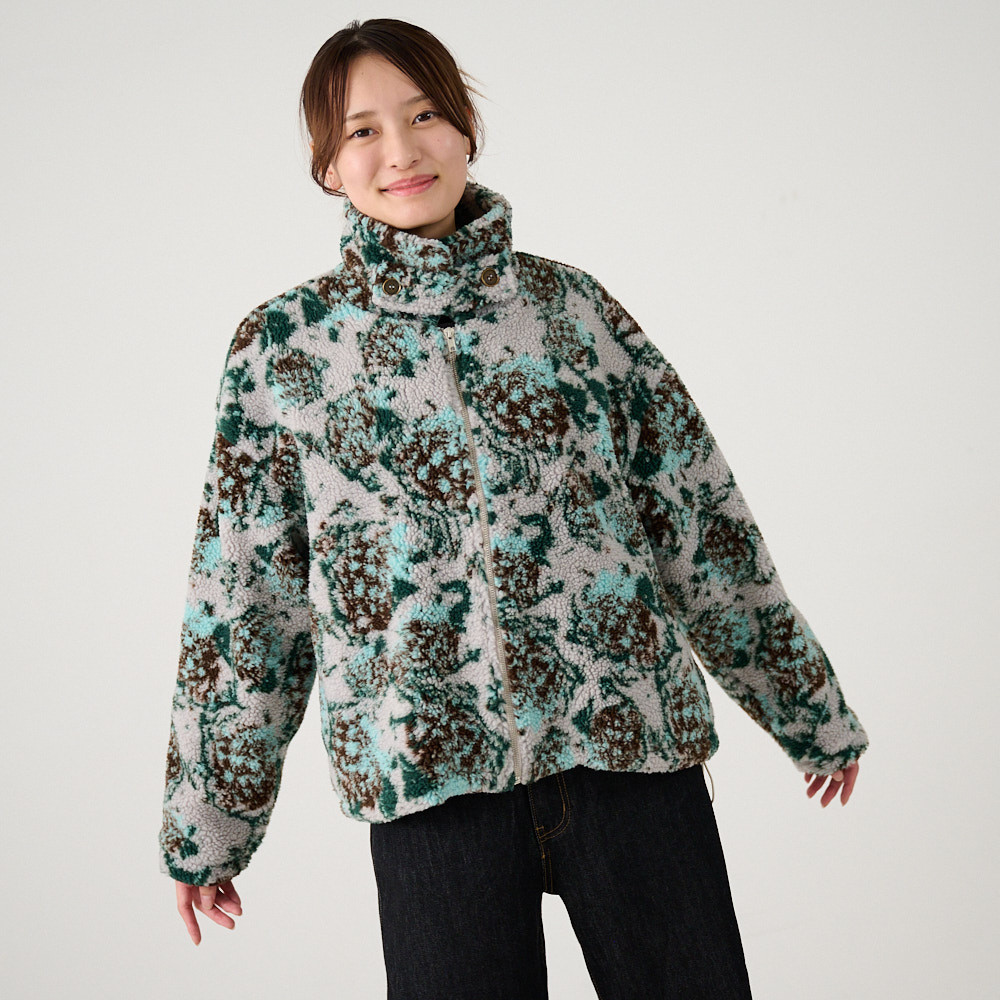 ﾓﾘﾉｶﾞｯｺｳ ハイネック ボアジャケット (ボア花柄)｜mg-bj01-ha