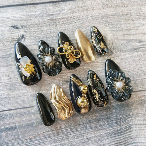 成人式 和柄ネイル 黒×シルバー 水引 ミラーネイル ネイルチップ（つけ