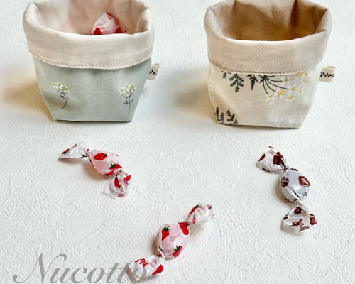 激レアパネル生地　ハンドメイド　布バスケット、ミニバッグ、 ミニ布かご ミニ布バスケット【Lace flower 】 フリーボックス・小物
