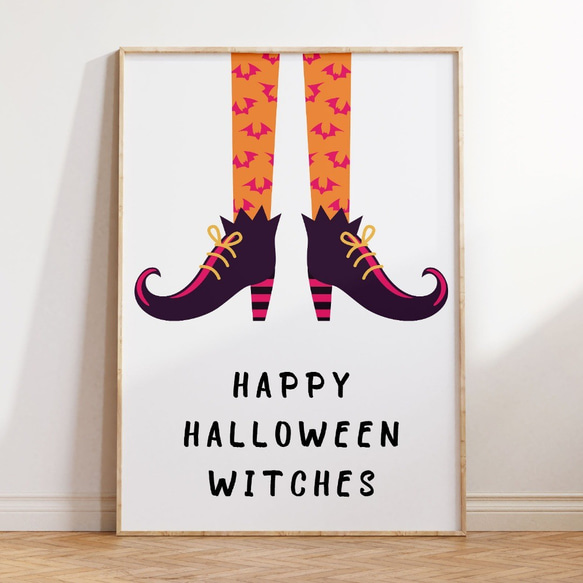 アートポスター ハロウィン 黒猫 魔女 クモの巣 モノトーン×オレンジ 北欧風 シンプルモダン3枚セット6711 2枚目の画像