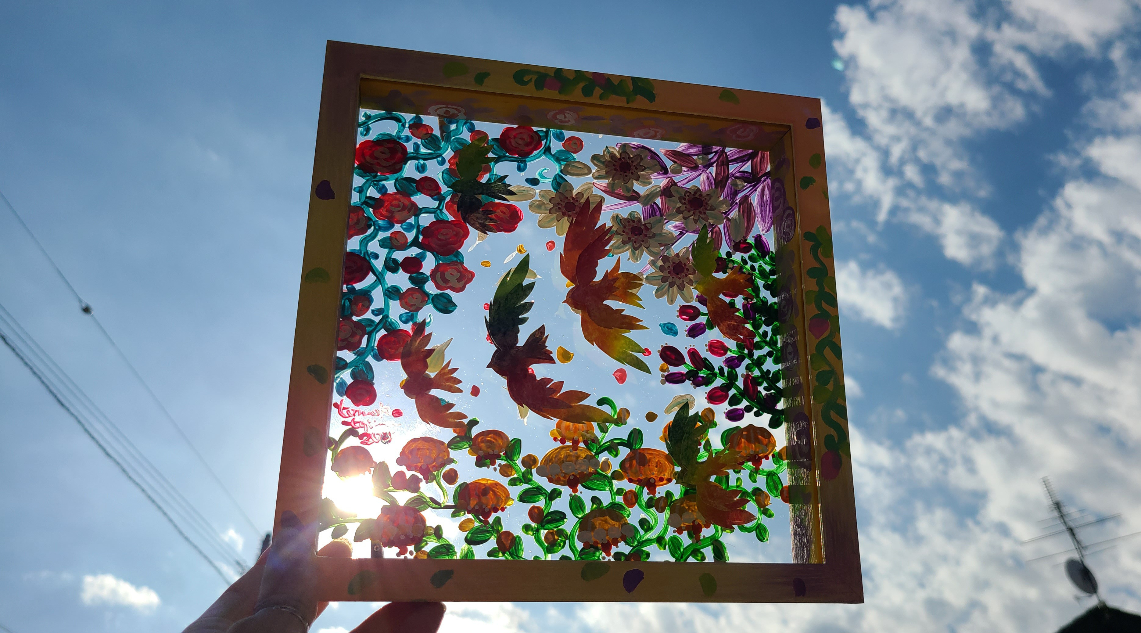 【受注生産/透明アート原画】花庭散歩~にじいろ鳥たち~　クリアBOX　22cm