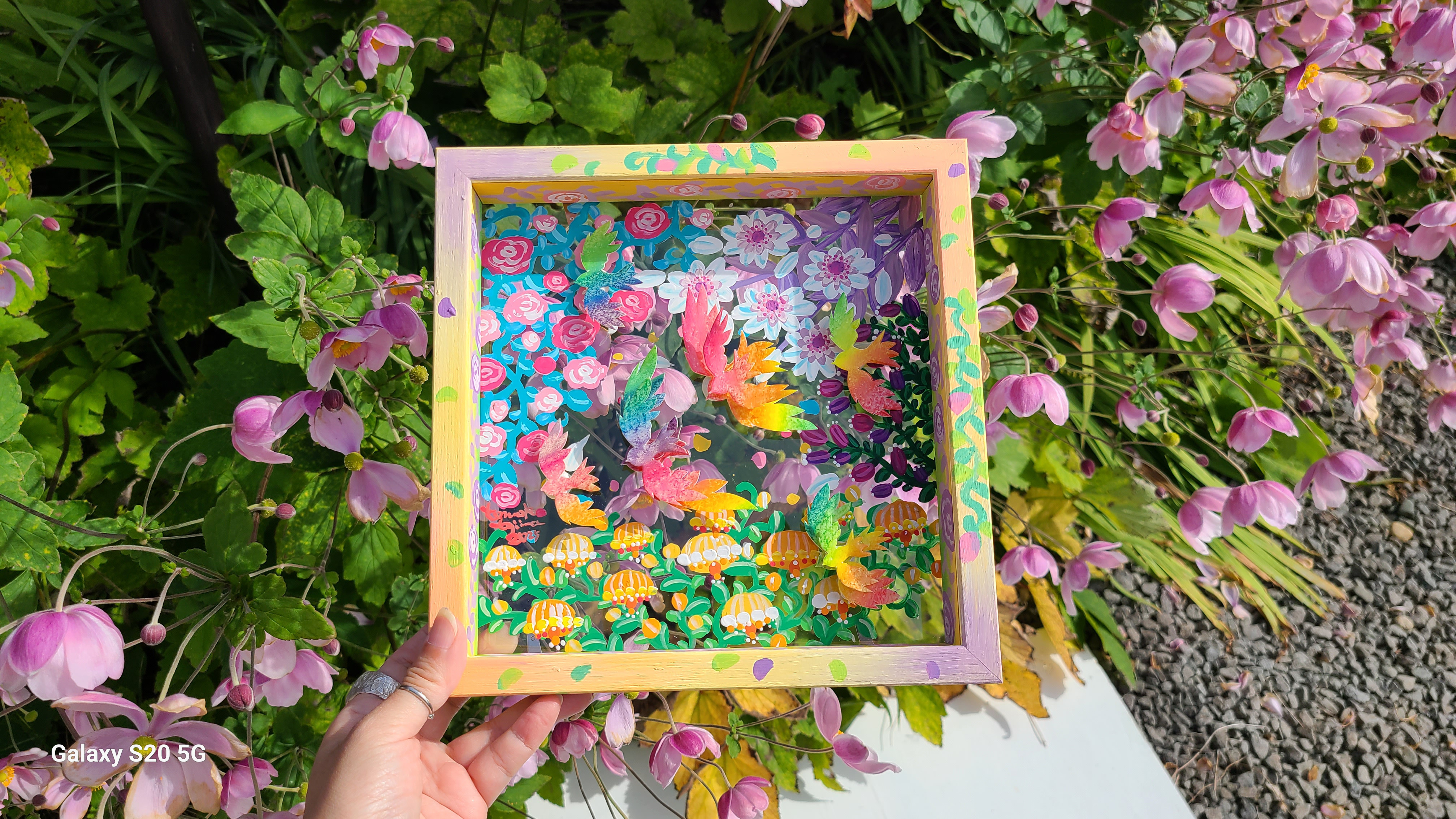 【受注生産/透明アート原画】花庭散歩~にじいろ鳥たち~　クリアBOX　22cm