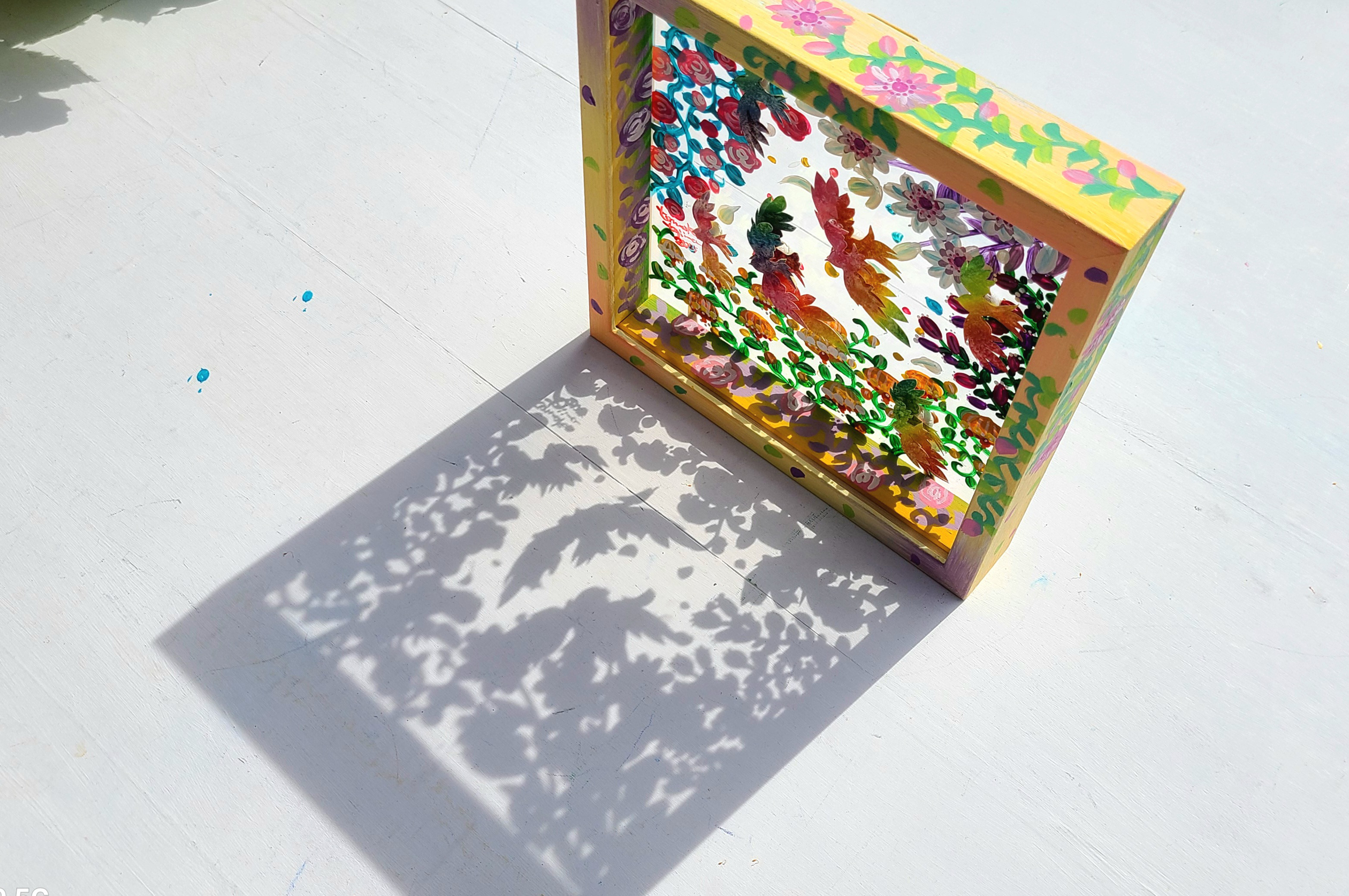 【受注生産/透明アート原画】花庭散歩~にじいろ鳥たち~　クリアBOX　22cm