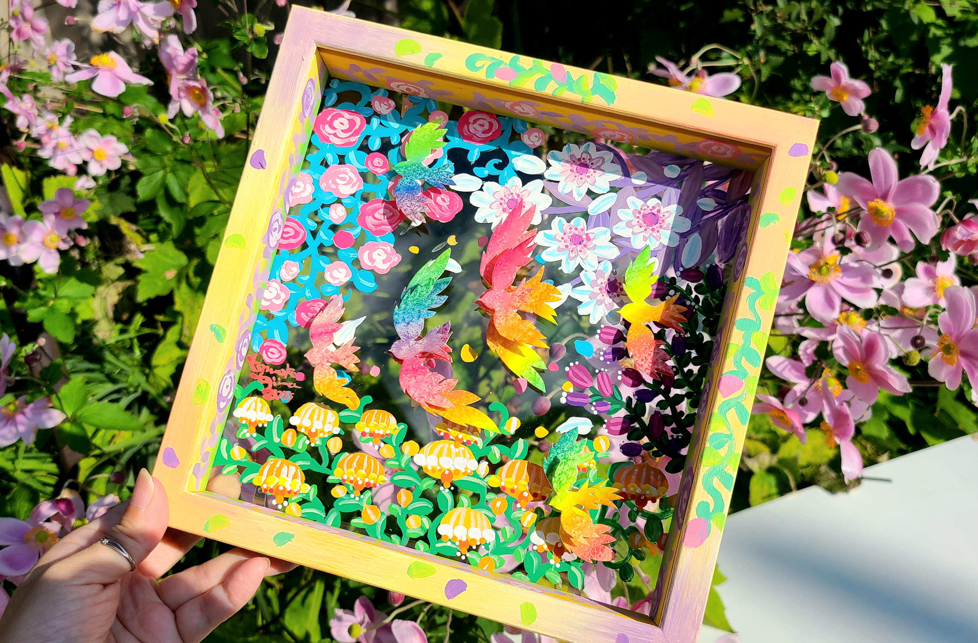 【受注生産/透明アート原画】花庭散歩~にじいろ鳥たち~　クリアBOX　22cm
