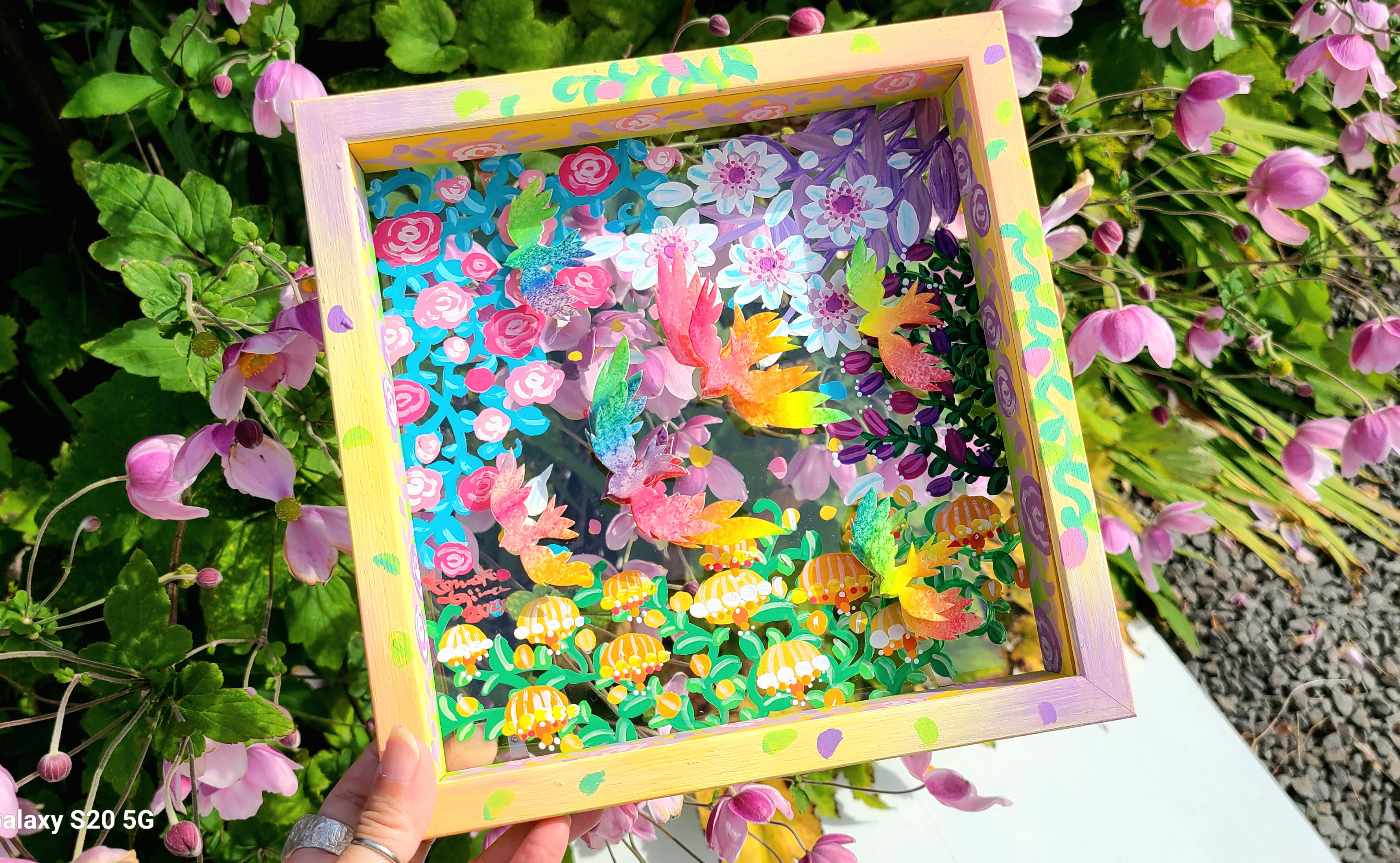 【受注生産/透明アート原画】花庭散歩~にじいろ鳥たち~　クリアBOX　22cm