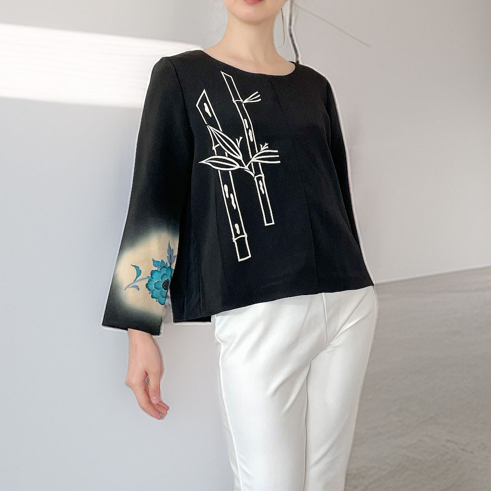 長袖チュニック【着物リメイク】黒留袖 * ボタニカル * 竹と花柄 * アシンメトリー / シルク一点物