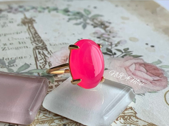 【リング】フューシャピンクカルセドニー　7～11号　Silver925製・18KGP仕上げ　ハンドメイド 1枚目の画像