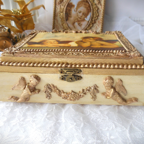 天使柄 デコパージュ 木製ジュエリー ボックス 天使柄 デコパージュ 木製ジュエリー ボックス