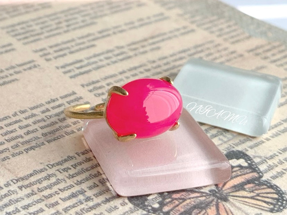 【リング】フューシャピンクカルセドニー　7～11号　Silver925製・18KGP仕上げ　ハンドメイド 1枚目の画像