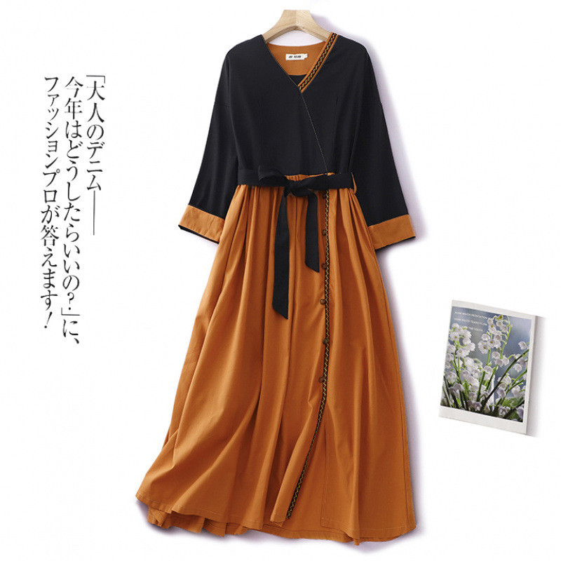 秋レディース文芸的なレトロパッチワーク V ネックコットンリネンワンピース【返品・交換可】品質最優先25-363