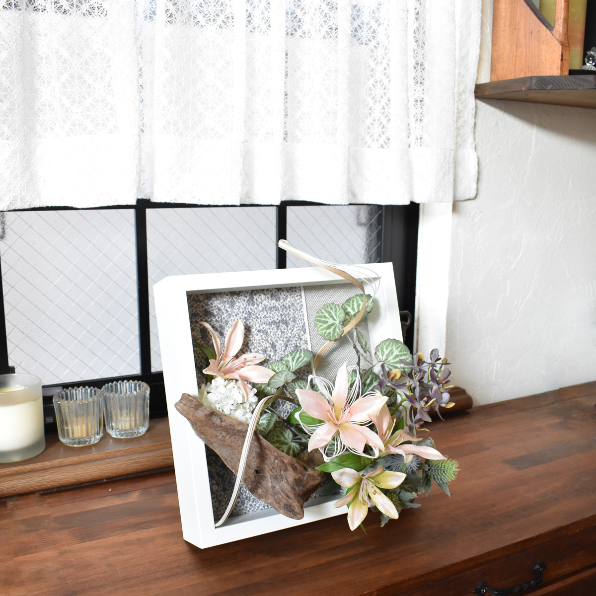 【縁の花（えにしのはな）】和モダン 2WAY フラワーフレーム「風の記憶」｜水引×流木×着物リメイク｜お祝い・贈り物