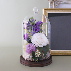 喪中はがきが届いたらFUNERALウッドガラスドーム ダリアスターチスLV【プリザーブドフラワー】お悔やみお供え 7枚目の画像