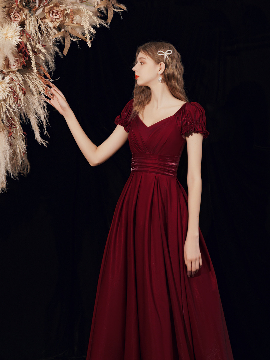 半袖 サテン ウェディングドレス ワインレッド 二次会 結婚式 花嫁 前撮り パーティー 披露宴 B012