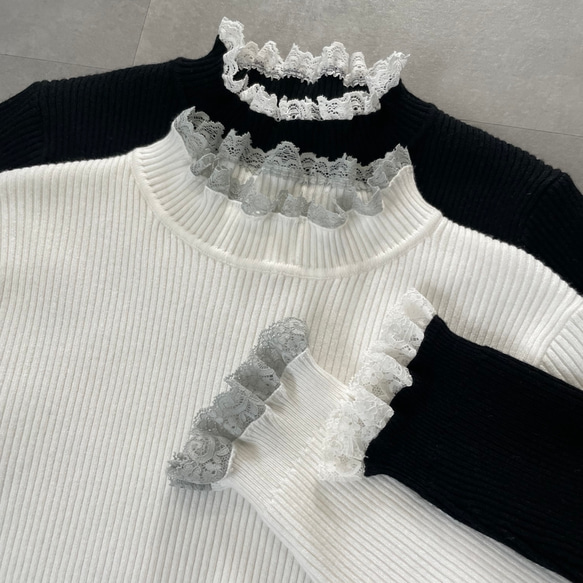 レース付きリブニット 温活あったか チクチクしない着痩せ体型カバートップス 黒【フリー】KMC-771 487872 3枚目の画像