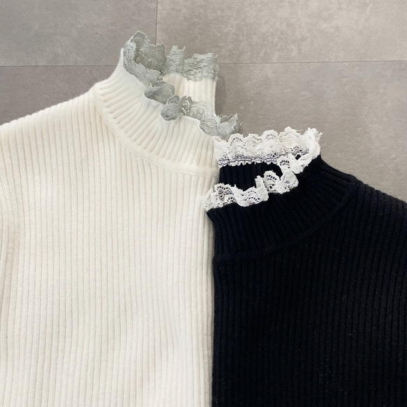 レース付きリブニット 温活あったか チクチクしない着痩せ体型カバートップス 白【フリー】KMC-771 191520 7枚目の画像