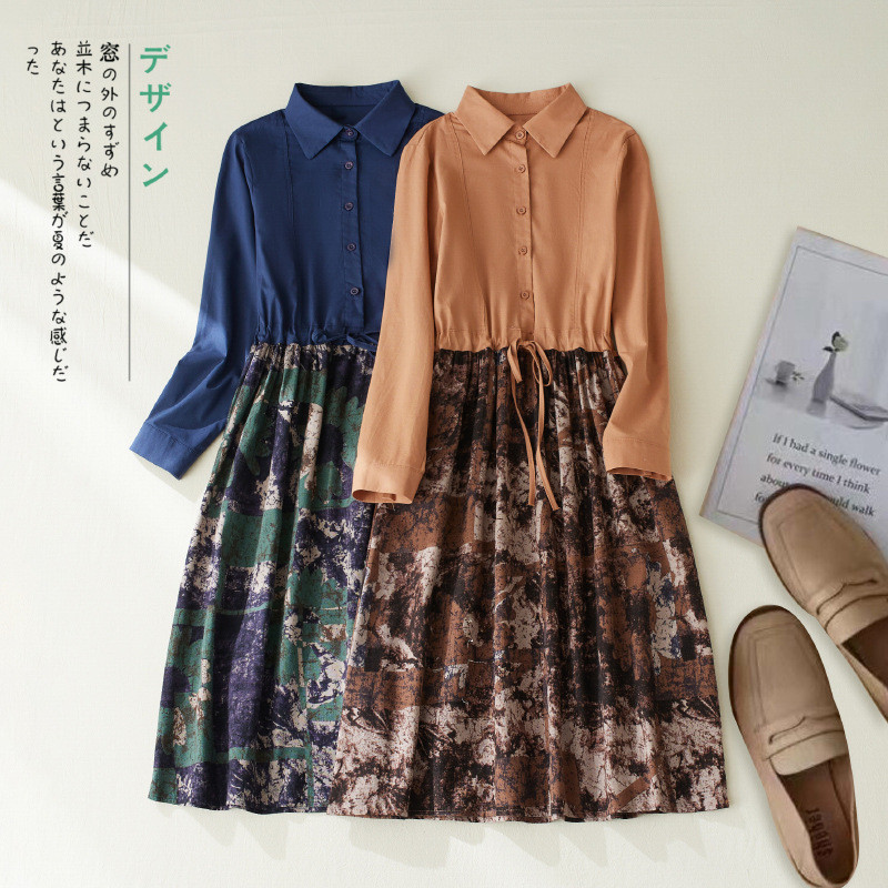 秋レディースミッドレングスパッチワークベルト付きプリントコットンリネンワンピース【返品・交換可】品質最優先25-364