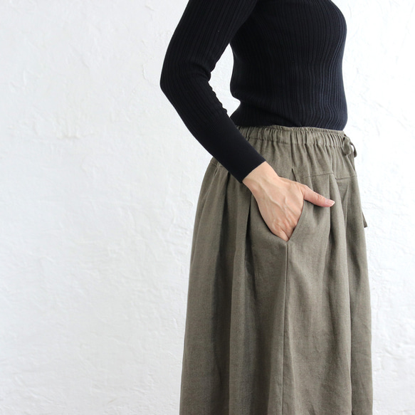 広がりすぎない大人のフレアスカート ヘンプ100% （カーキグリーン）SK12 12枚目の画像