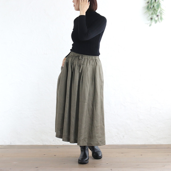広がりすぎない大人のフレアスカート ヘンプ100% （カーキグリーン）SK12 7枚目の画像