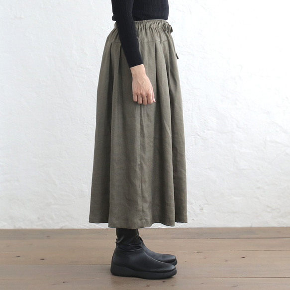 広がりすぎない大人のフレアスカート ヘンプ100% （カーキグリーン）SK12 3枚目の画像