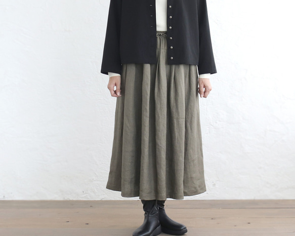 広がりすぎない大人のフレアスカート ヘンプ100% （カーキグリーン）SK12 1枚目の画像