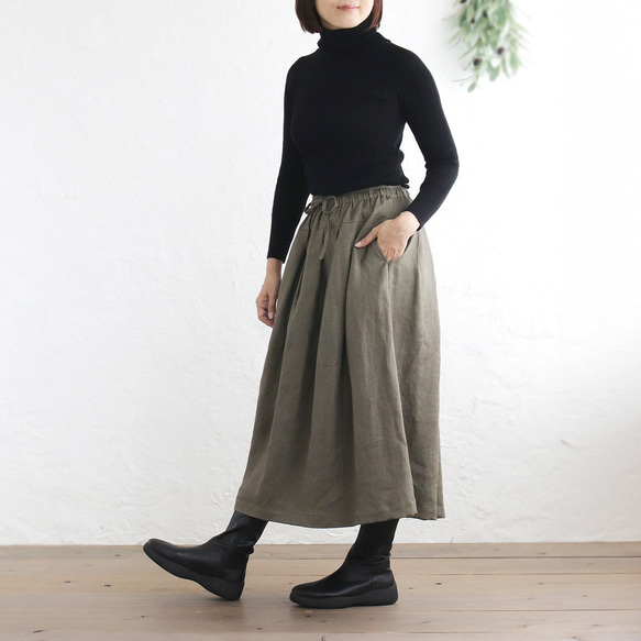 広がりすぎない大人のフレアスカート ヘンプ100% （カーキグリーン）SK12 8枚目の画像