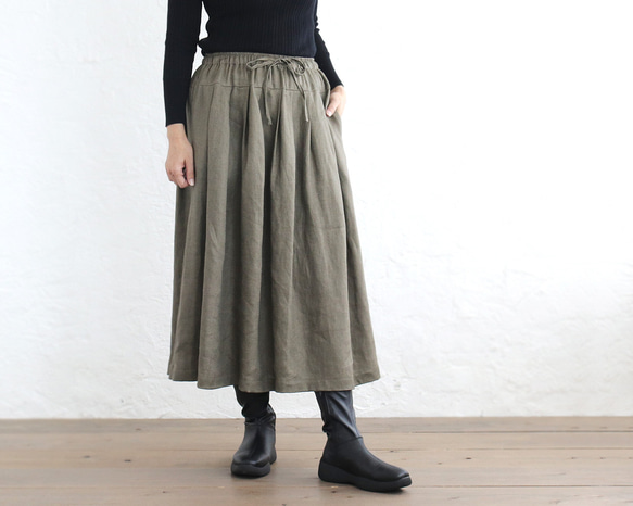 広がりすぎない大人のフレアスカート ヘンプ100% （カーキグリーン）SK12 2枚目の画像