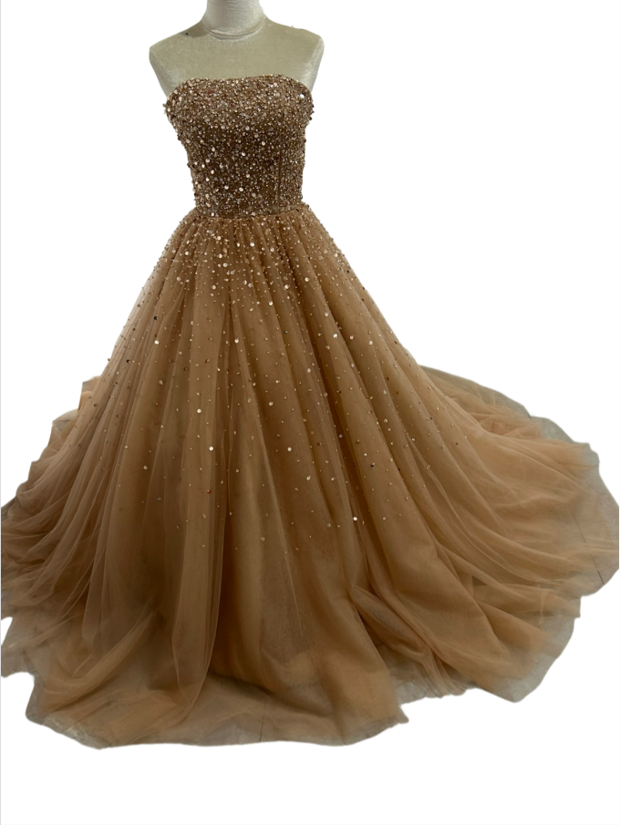 華やか カラードレス 薄シャンパンの色 キラキラチュール プリンセスライン ベアトップ チューブトップ 花嫁/ パーティ