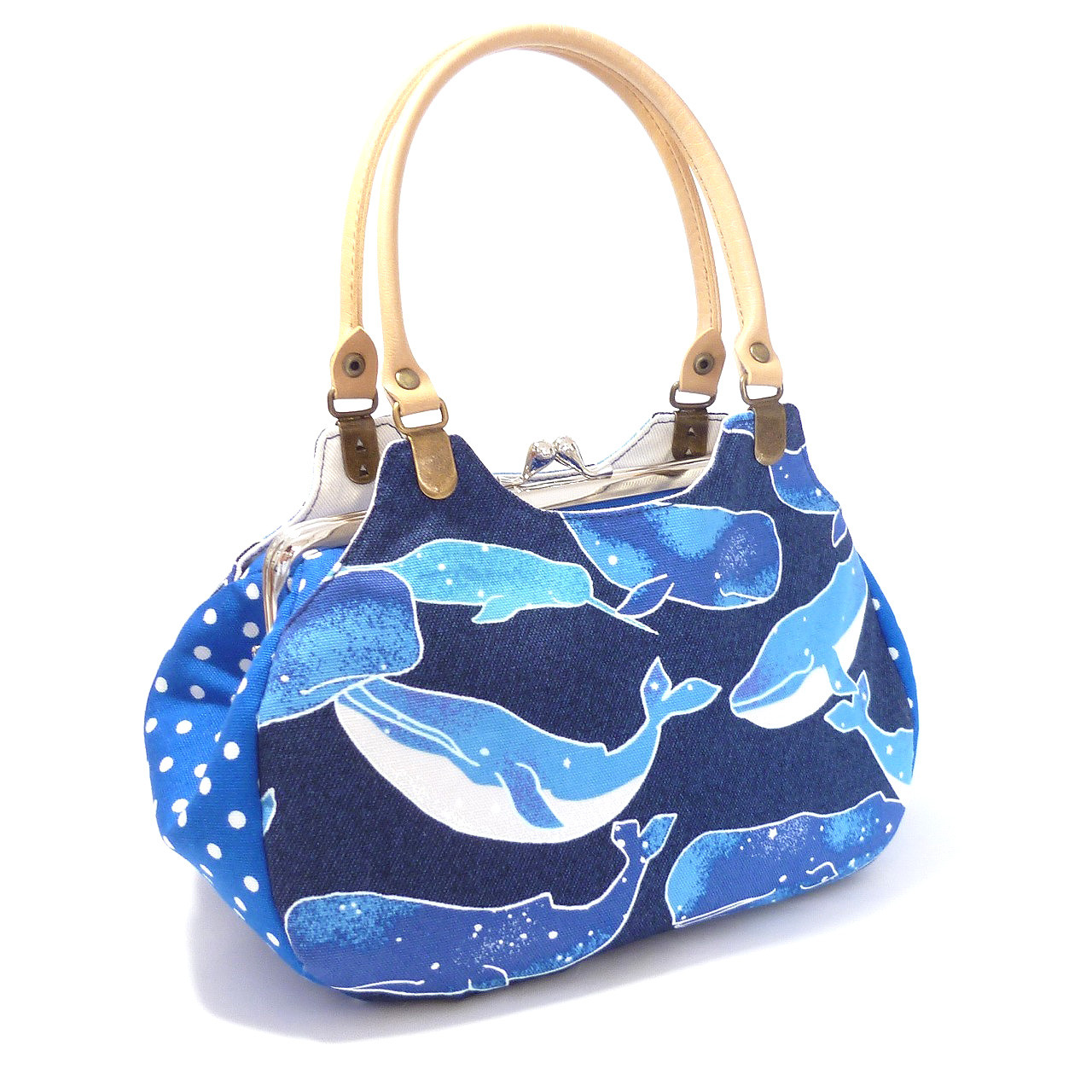がま口 ミニバッグ クジラ柄 紺 あおりがま口 ハンドバッグ