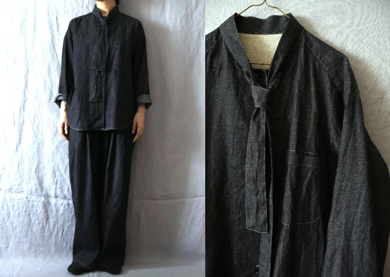 【受注制作】コットンリネンデニム　ボウタイ長袖シャツ