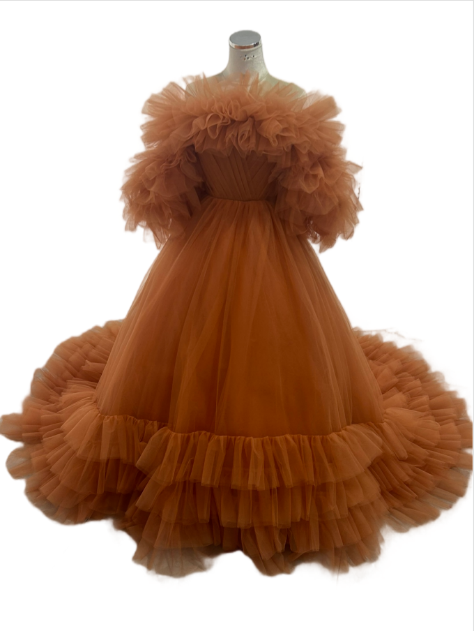 カラードレス オフショルダー パフスリーブ リボントレーン チュールスカート テラコッタ色 結婚式 プリンセスライン