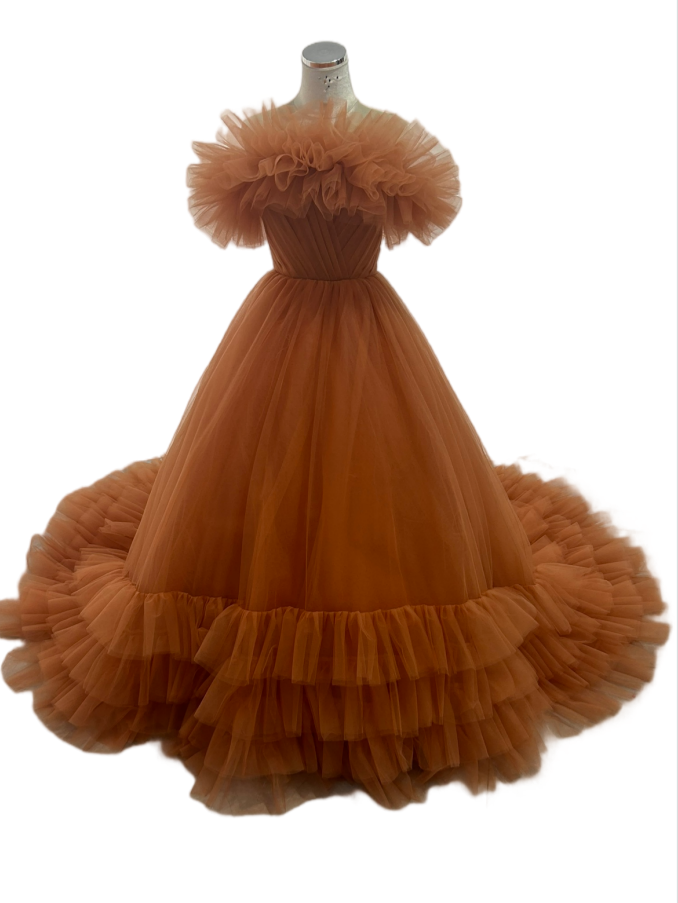 カラードレス オフショルダー  リボントレーン チュールスカート テラコッタ色 結婚式 プリンセスライン