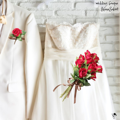 赤バラ ウェディングブーケ上質 シンプル コンパクト お洒落 人気 造花