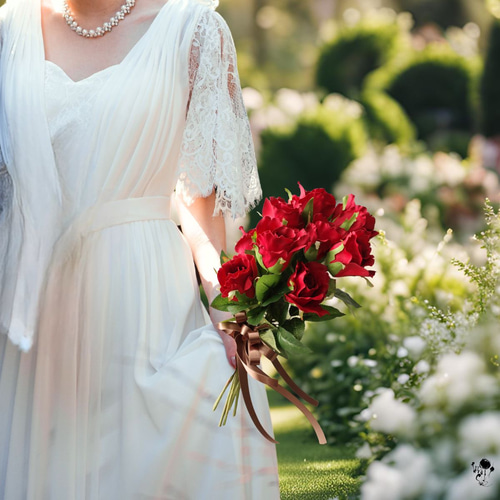 赤バラ ウェディングブーケ上質 シンプル コンパクト お洒落 人気 造花