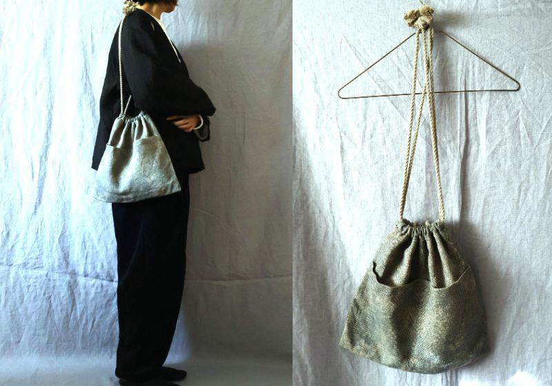 【受注制作】デニム風プリントリネン　お出掛け巾着袋〈小〉