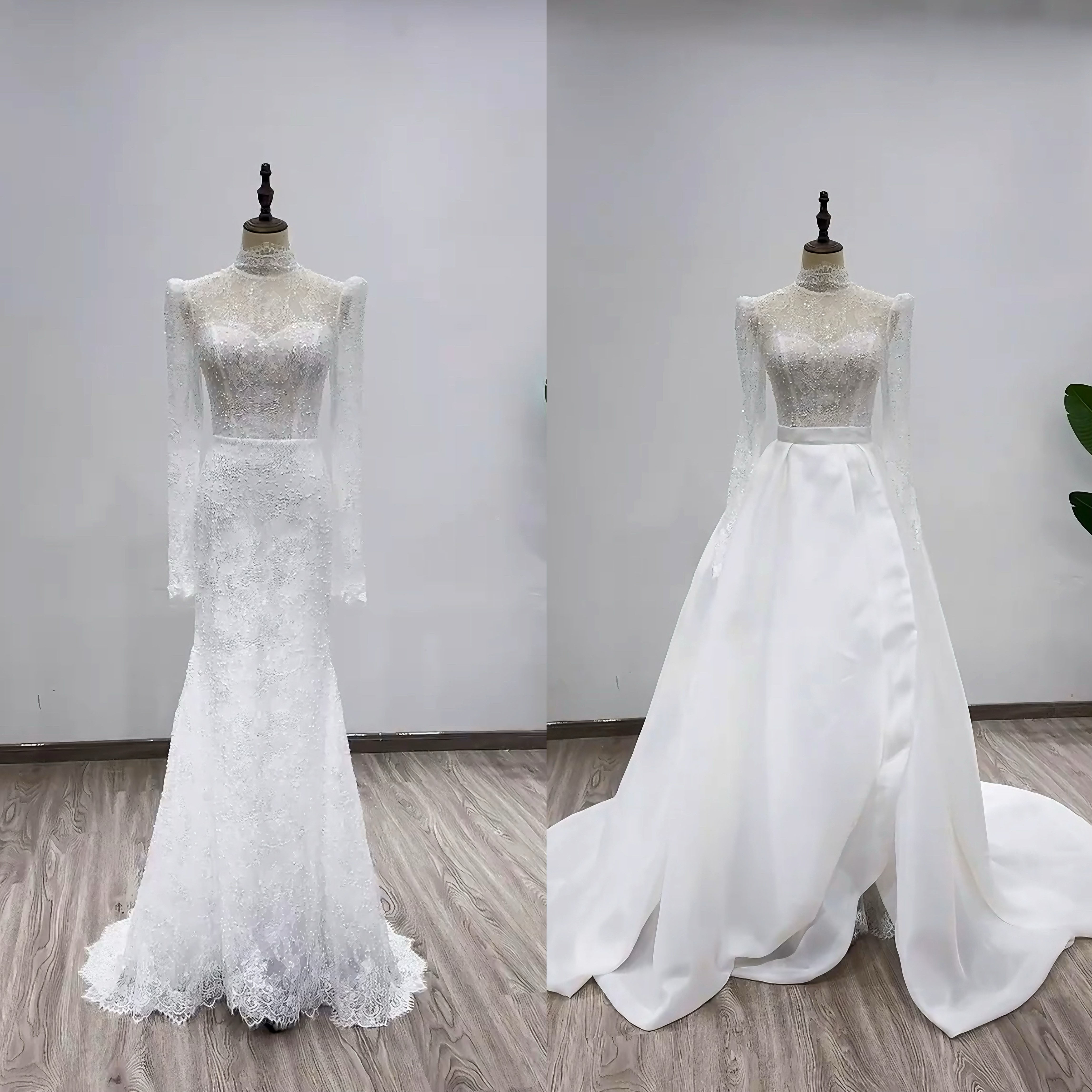 2025新作　２ways オーバースカート　白　長袖　春婚秋婚　優雅　サテン　キラキラ　イリュージョンネック演奏会二次会