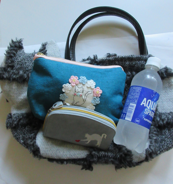 大きめネコバッグ＊グレーニットのパッチワーク 10枚目の画像