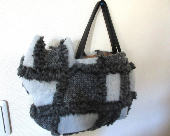 大きめネコバッグ＊グレーニットのパッチワーク 12枚目の画像