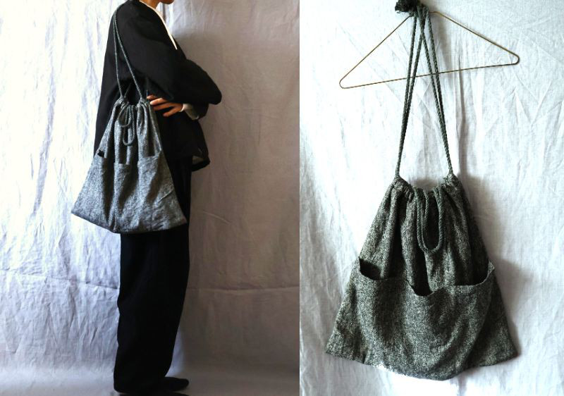 【受注制作】黒/シルクリネンシャンブレー　お出掛け巾着袋〈大〉