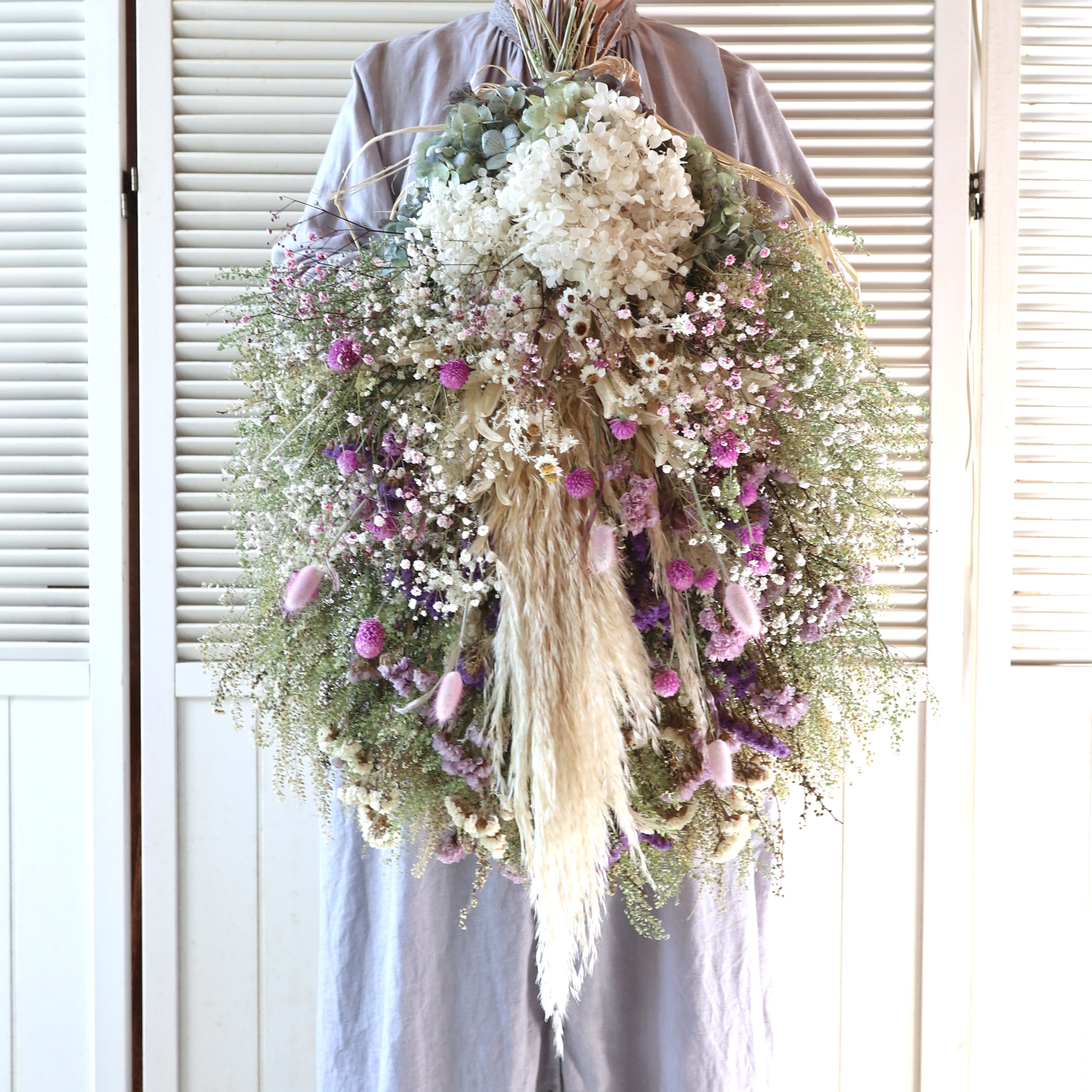 (75cm) ＊超特大＊パンパスグラスと千日紅とかすみ草の淡いボリュームスワッグ/ピンク/ドライフラワー/開店祝い