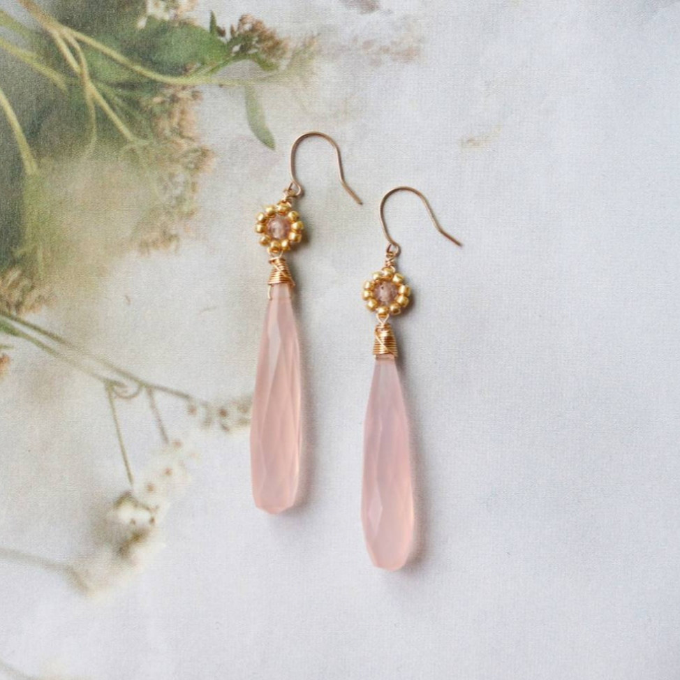 K10YG ピンクカルセドニー ロングドロップ ピアス
