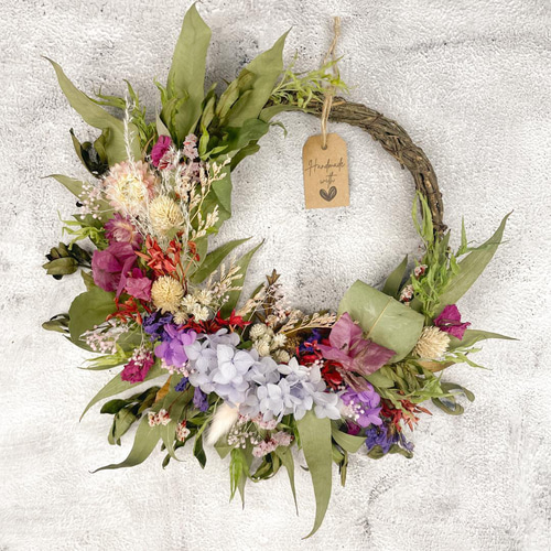 ドライフラワーリース 赤花サンタンカとユリーカグリーンの